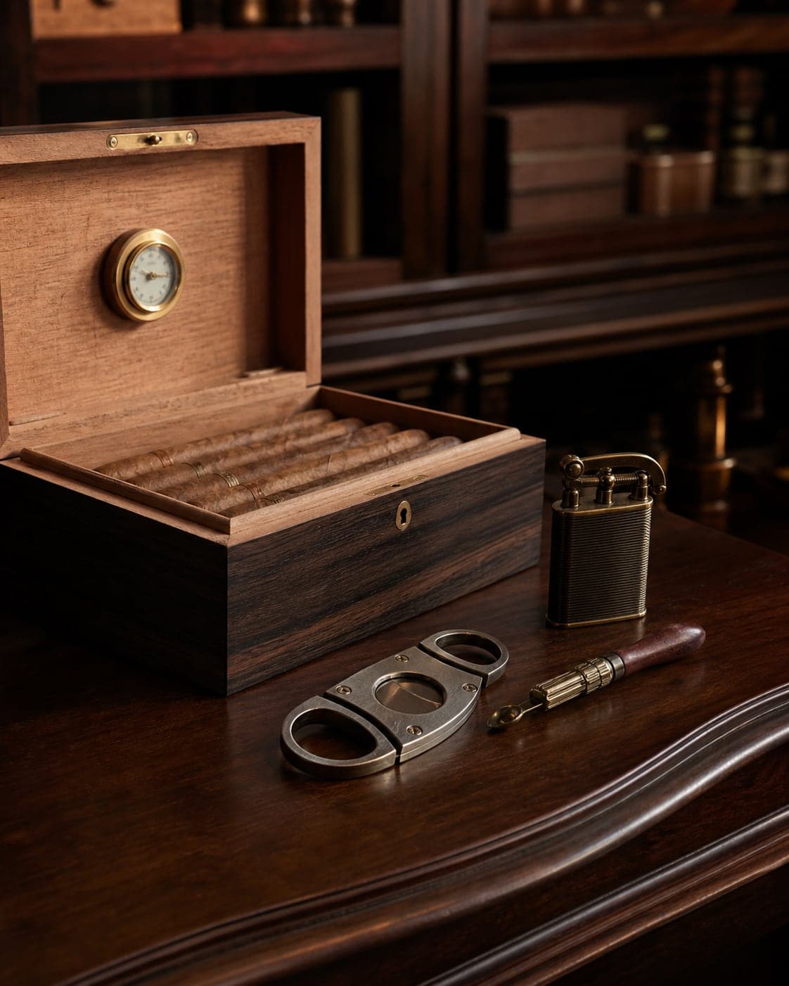 Humidor, Zigarrencutter, Feuerzeug und Pflegewerkzeug auf einem dunklen Holztresen