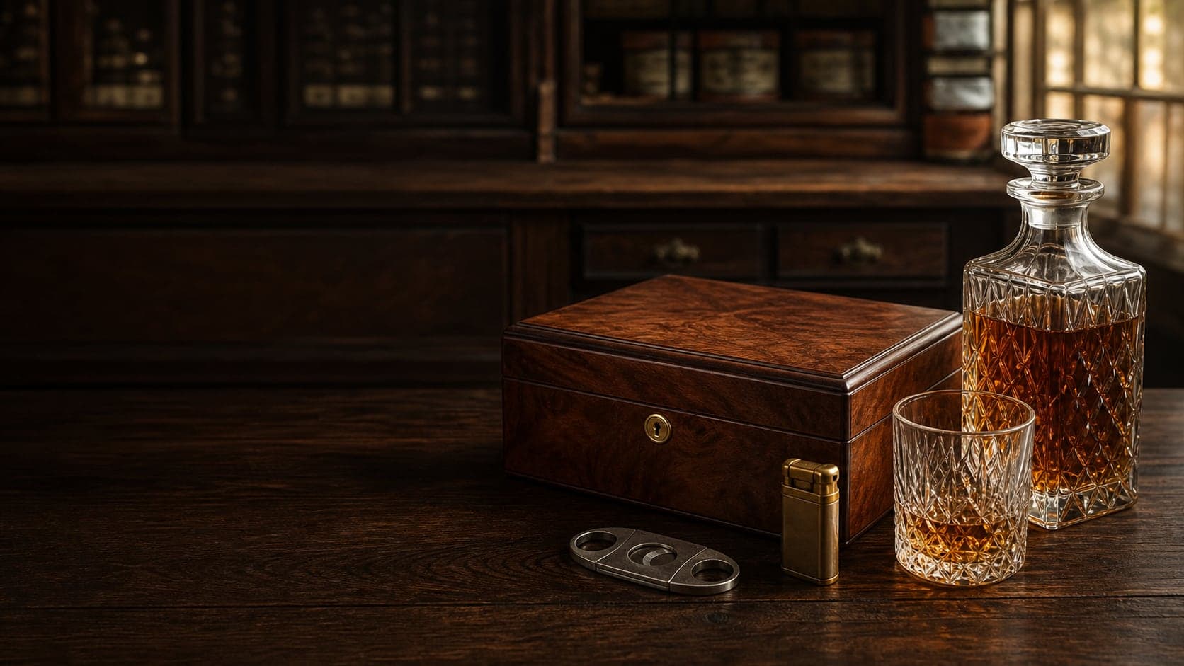 Humidor, Cutter, Feuerzeug und ausgewählte Spirituosen auf dunklem Holz