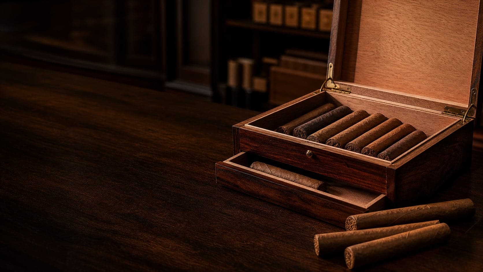 Ausgewählte Zigarren in einem offenen Humidor auf dunklem Holz