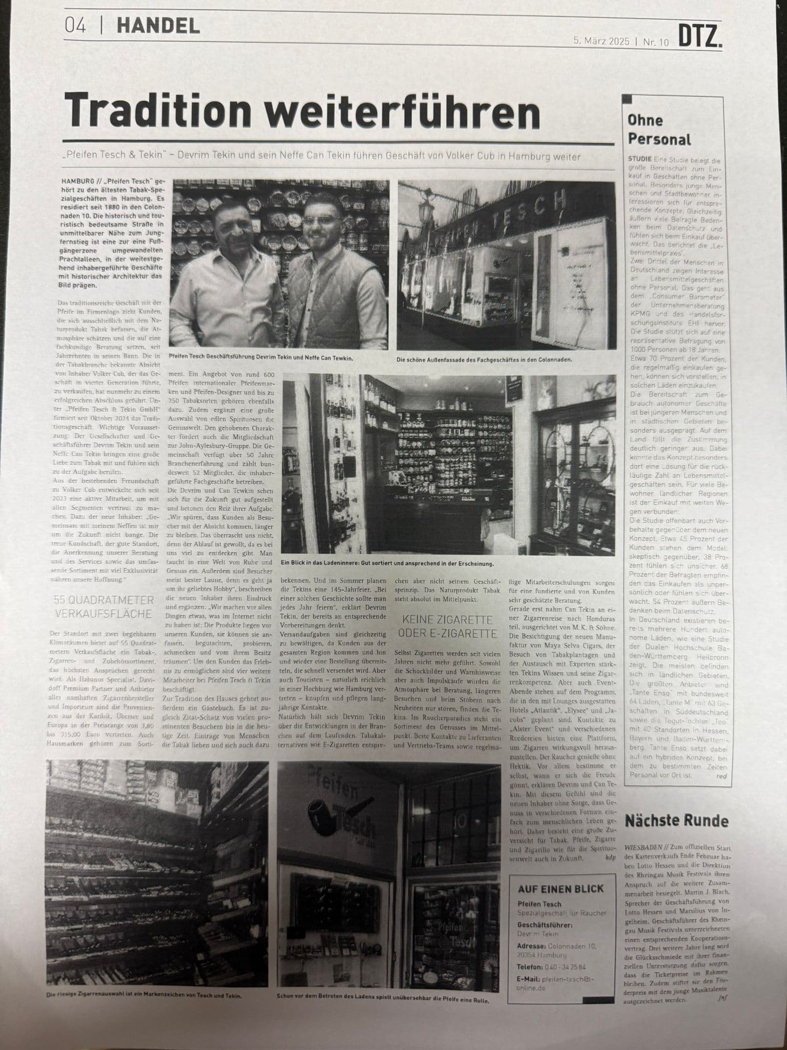 Zeitungsartikel über die Geschichte von Pfeifen Tesch